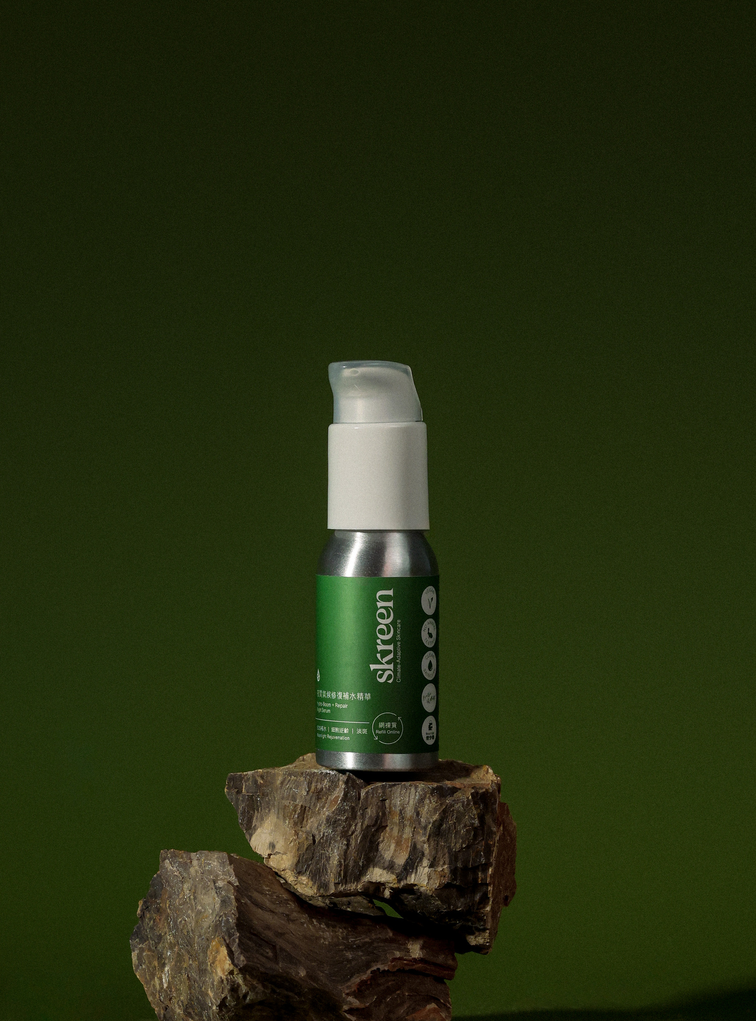 Skreen Hydro-Boom + Repair Night Serum in reusable aluminum dropper bottle – overnight hydrating repair serum for skin recovery